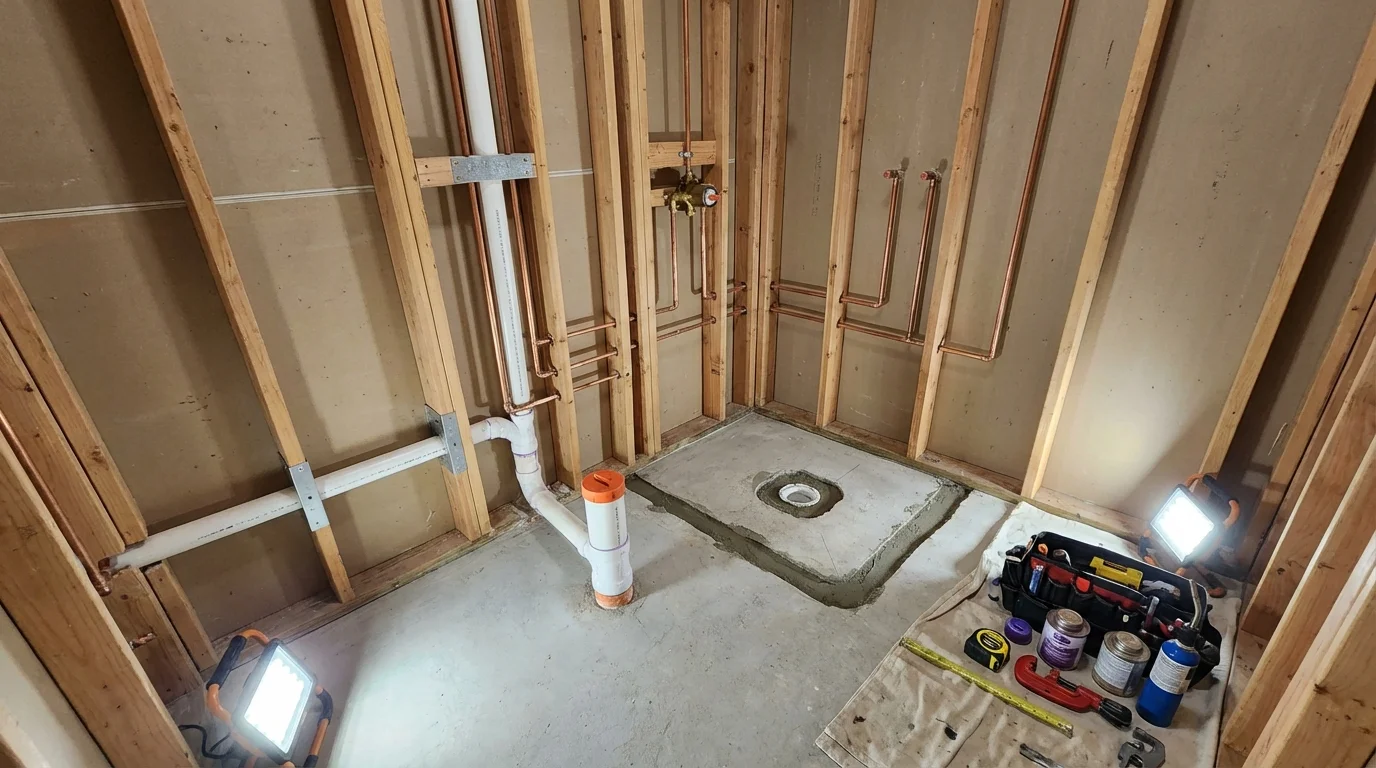 Bathroom rough-in plumbing during remodel by Johns Plumbing LLC in Little Elm
