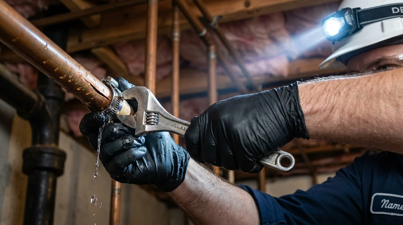 Emergency pipe clamp repair being performed by a Johns Plumbing LLC plumber in Little Elm