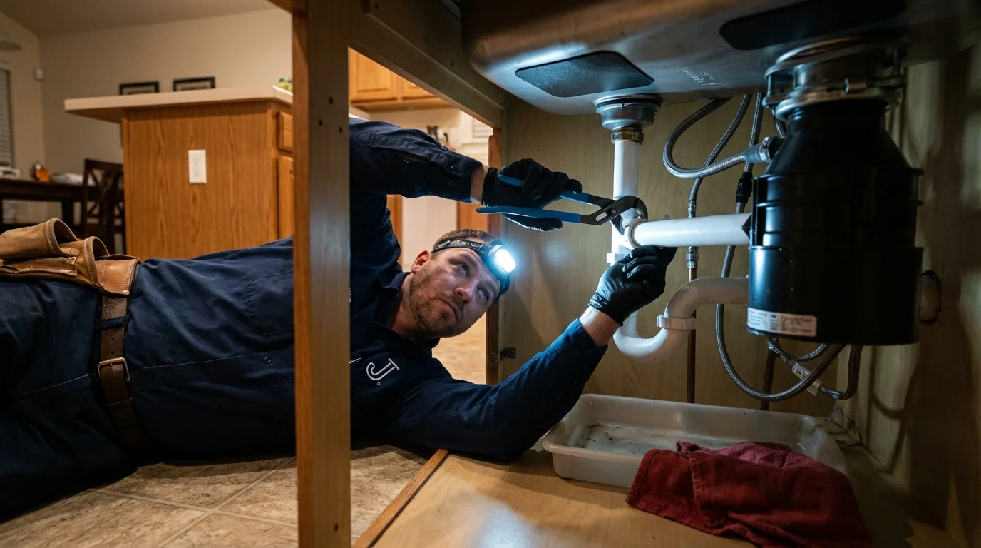 P-trap and supply line connections under a kitchen sink showing a common leak point in Little Elm, TX
